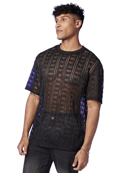 men round neck semi-sheer lace tee f4ea#, White;black
