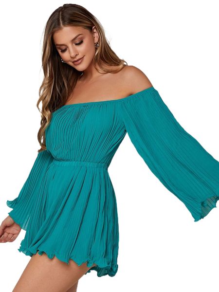 off shoulder pleated trumpet sleeve lettuce trim chiffon romper a7fh#, Black;white
off shoulder pleated trumpet sleeve lettuce trim chiffon romper a7fh#, Black;white