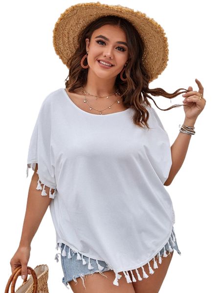 plus fringe trim batwing sleeve tee p6mp#, Black