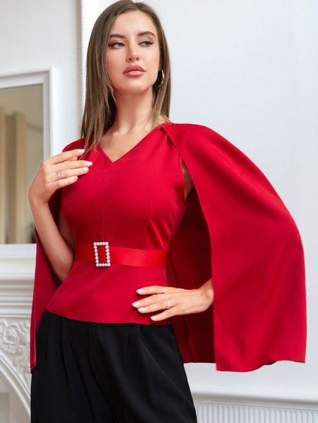 solid cloak sleeve belted blouse x1w3#, White
solid cloak sleeve belted blouse x1w3#, White