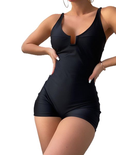 plain u wired one piece swimsuit i1k9#, White;black