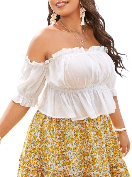 plus off shoulder frill trim ruched peplum blouse f8zw#, Black
plus off shoulder frill trim ruched peplum blouse f8zw#, Black