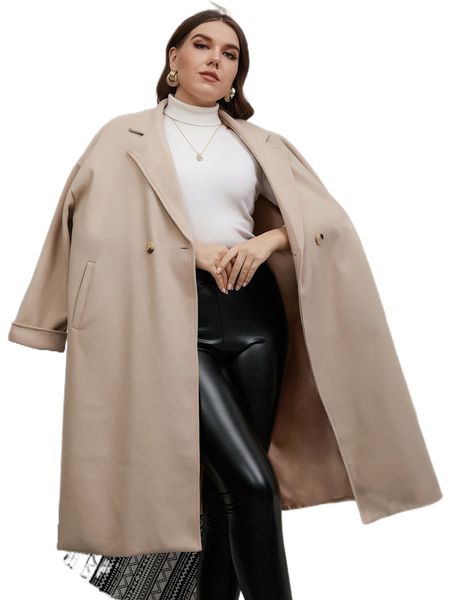plus lapel collar double button drop shoulder overcoat r9yk#, Black