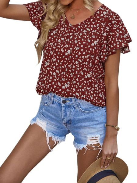 ditsy floral print butterfly sleeve blouse f5pb#, White