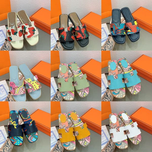 2022 classic h slippers women genuine leather mule slides slip on low heels flats flower floral printed beach pool party casual shoes, Black