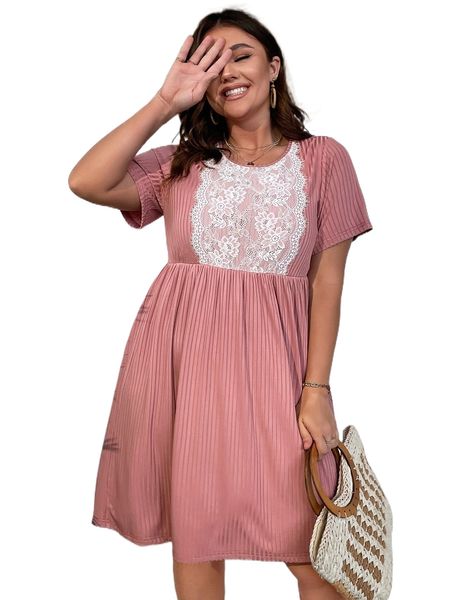plus eyelash lace panel smock dress g9bx#, Black