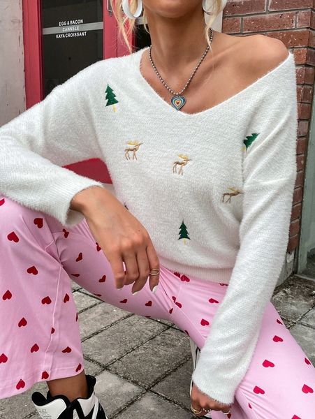embroidery v-neck fuzzy sweater g8nt#, White;black 
embroidery v-neck fuzzy sweater g8nt#, White;black