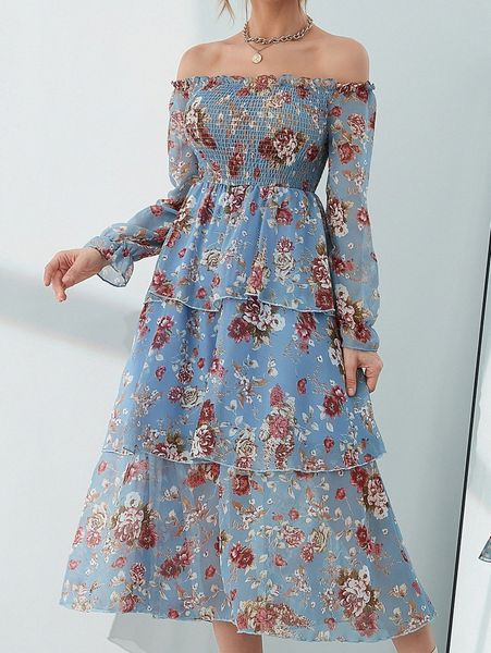 floral print off shoulder flounce sleeve layered hem dress 61u3#, Black;gray
floral print off shoulder flounce sleeve layered hem dress 61u3#, Black;gray