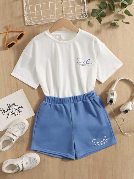 girls drop shoulder slogan pattern tee & shorts she, White