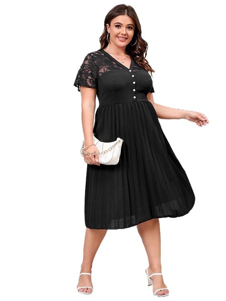 plus contrast lace pleated hem dress k942#, Black
plus contrast lace pleated hem dress k942#, Black