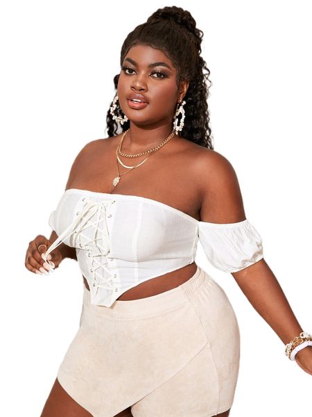 sxy plus off shoulder shirred back eyelet lace up front hanky hem b97j#, Black
sxy plus off shoulder shirred back eyelet lace up front hanky hem b97j#, Black