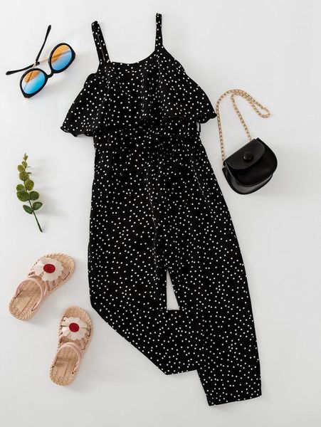 toddler girls polka dot ruffle trim cami jumpsuit she, Blue