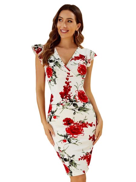 surplice neck floral print butterfly sleeve bodycon dress p5n9#, Black;gray 
surplice neck floral print butterfly sleeve bodycon dress p5n9#, Black;gray