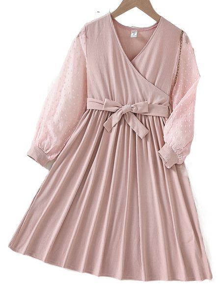 girls swiss dot bishop sleeve surplice neck belted dress e2m2#, Black;white