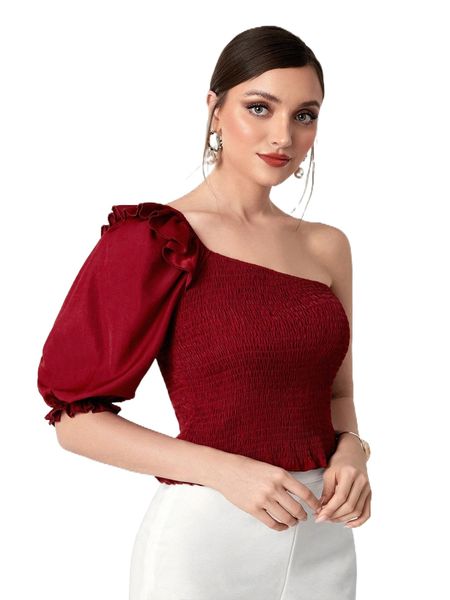 one shoulder ruffle trim shirred blouse f6xs#, White
one shoulder ruffle trim shirred blouse f6xs#, White