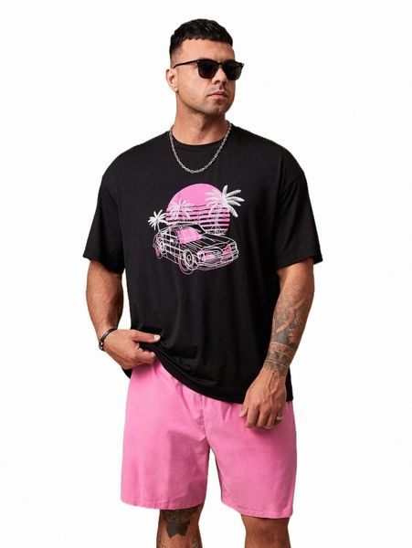 extended sizes men car & palm tree print drop shoulder tee & shorts u3e2#, Gray
