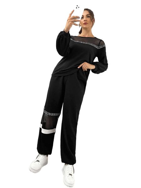 letter graphic mesh panel sweatshirt b6dc#, Black 
letter graphic mesh panel sweatshirt b6dc#, Black