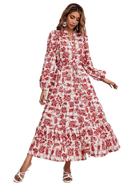 allover floral print bishop sleeve button up layered hem belted dress x3g6#, Black;gray
allover floral print bishop sleeve button up layered hem belted dress x3g6#, Black;gray