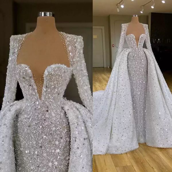 luxury mermaid weddding dresses crystals beaded bridal gown overskirt sweep train long sleeves custom made plus size vestido de novia, White
luxury mermaid weddding dresses crystals beaded bridal gown overskirt sweep train long sleeves custom made plus size vestido de novia, White
