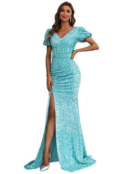 missord puff sleeve split thigh sequins prom dress e893#, Black;gray
missord puff sleeve split thigh sequins prom dress e893#, Black;gray