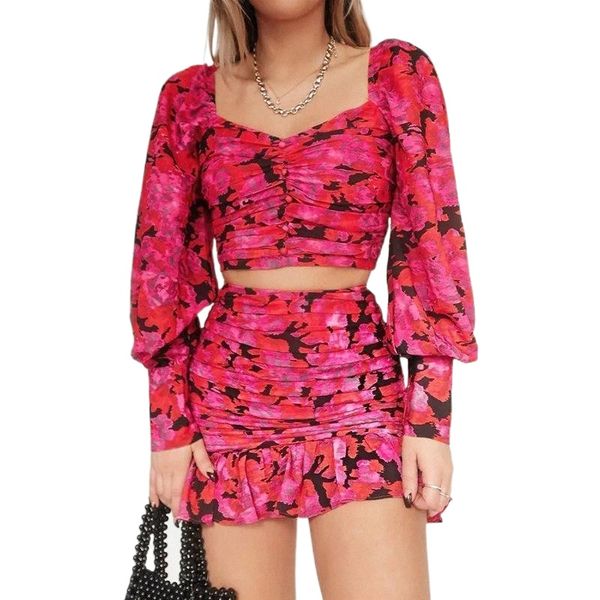 europe and america square-necked lantern long-sleeved shirt ruffled pleated skirt suit temperament printed skirts c3va#, Black 
europe and america square-necked lantern long-sleeved shirt ruffled pleated skirt suit temperament printed skirts c3va#, Black