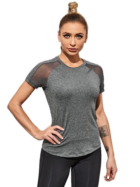 mesh panel raglan sleeve sports tee l7ho#, Gray