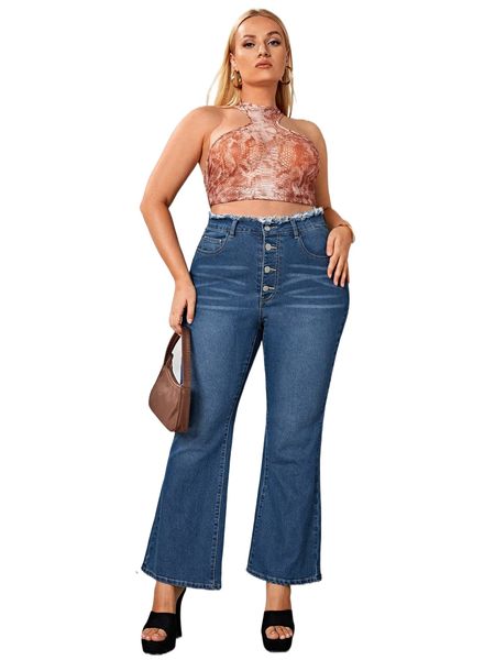 plus cat whisker washed raw trimmed flare leg jeans p2qt#, Blue