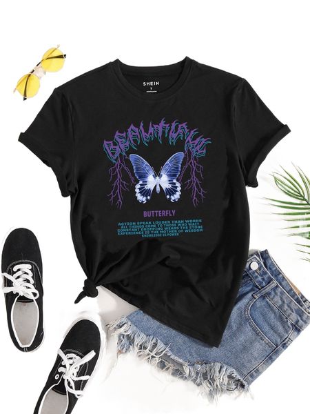butterfly & slogan graphic tee 77y6#, White
butterfly & slogan graphic tee 77y6#, White