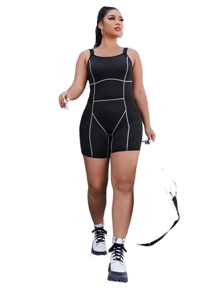 plus four-way stretch stitching sports romper h65f#, Black