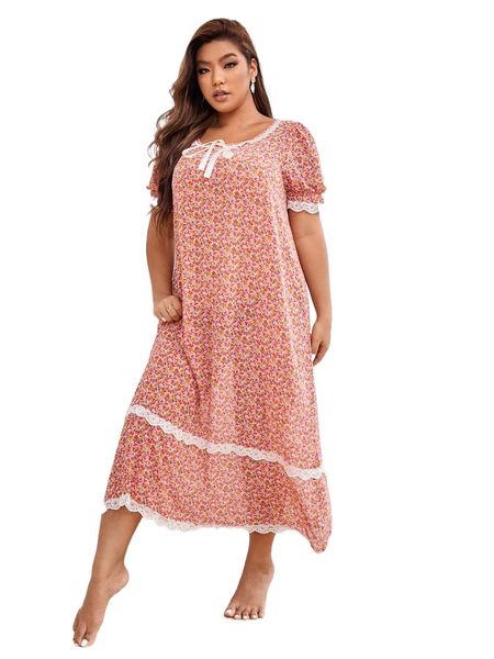 plus ditsy floral print contrast lace trim knot front nightdress 9386#, Black;white
plus ditsy floral print contrast lace trim knot front nightdress 9386#, Black;white