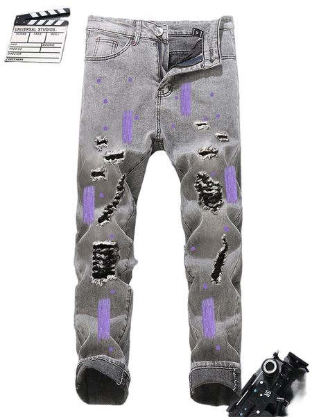 romwe guys brush print ripped jeans l1s6#, Blue