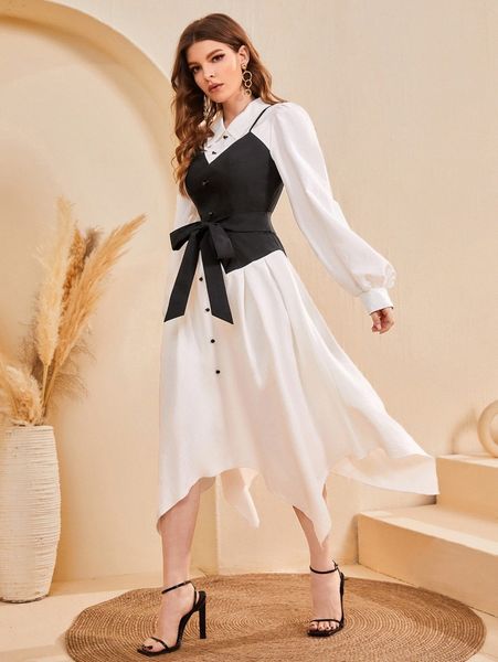 colorblock bishop sleeve asymmetrical hem belted 2 in 1 dress 24ok#, Black;gray
colorblock bishop sleeve asymmetrical hem belted 2 in 1 dress 24ok#, Black;gray