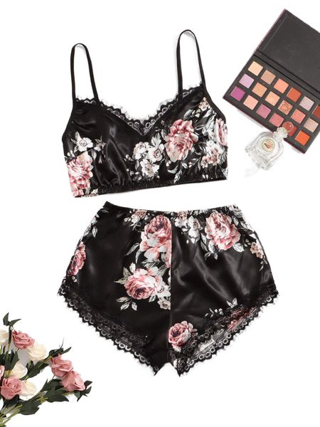 floral eyelash lace trim satin pajama set e2q9#, Black;red
floral eyelash lace trim satin pajama set e2q9#, Black;red