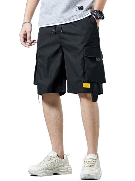 men patched detail flap pocket drawstring waist shorts t3is#, White;black