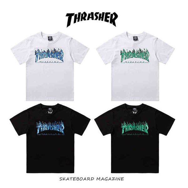 high version tide brand thrasher flame green thorn ghost print men's and women's short sleeve t-shirt, White;black
high version tide brand thrasher flame green thorn ghost print men's and women's short sleeve t-shirt, White;black