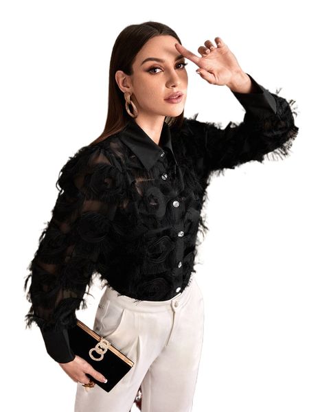 button through fuzzy detail blouse b2j6#, White