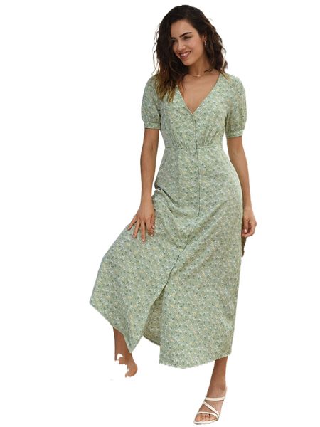 ditsy floral print v-neck puff sleeve dress r9sp#, Black;gray
