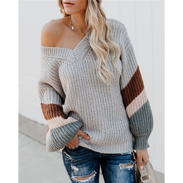 v neck striped patchwork sleeve knit sweater women loose pullover fall sweaters and pullovers fashion y200116, White;black 
v neck striped patchwork sleeve knit sweater women loose pullover fall sweaters and pullovers fashion y200116, White;black