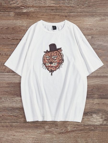 x iammrmo men hat & animal print drop shoulder tee e538#, White;black 
x iammrmo men hat & animal print drop shoulder tee e538#, White;black