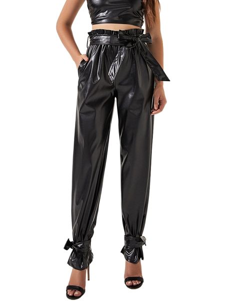 sbetro paperbag waist tie hem slant pockets belted pu leather pants h4rn#, Black;white
sbetro paperbag waist tie hem slant pockets belted pu leather pants h4rn#, Black;white