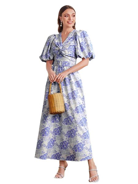 puff sleeve twist front & floral skirt set u7dn#, White