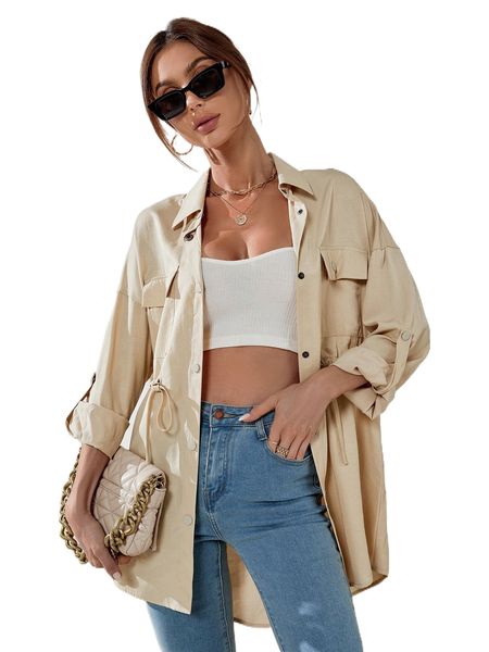 drawstring waist flap detail longline shirt r644#, White
drawstring waist flap detail longline shirt r644#, White