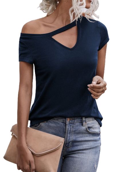 solid cut out asymmetrical neck tee 52ay#, White