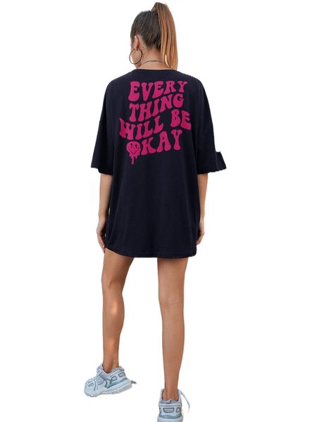 slogan & expression print drop shoulder tee 899q#, White