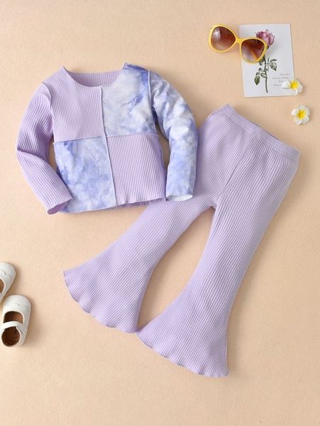 toddler girls tie dye seam detail tee & flare leg pants she, White