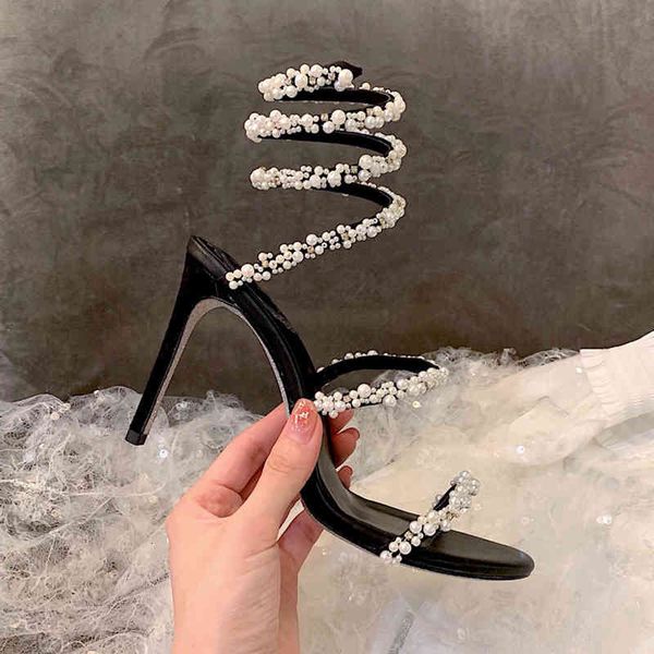sandals summer open toe pearl inlaid diamond wrapped foot ring high-heeled sandals with one-line buckle banquet thin heels, Black
sandals summer open toe pearl inlaid diamond wrapped foot ring high-heeled sandals with one-line buckle banquet thin heels, Black
