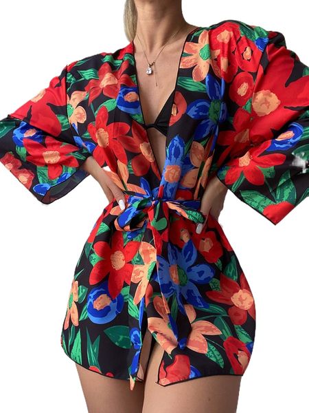 random floral print belted kimono 809i#, White;black