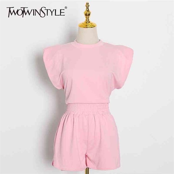 twotwinstyle elegant women two piece set o neck sleeveless t-shirt high waist slim shorts casual suit female fashion clothes 210331, White
twotwinstyle elegant women two piece set o neck sleeveless t-shirt high waist slim shorts casual suit female fashion clothes 210331, White