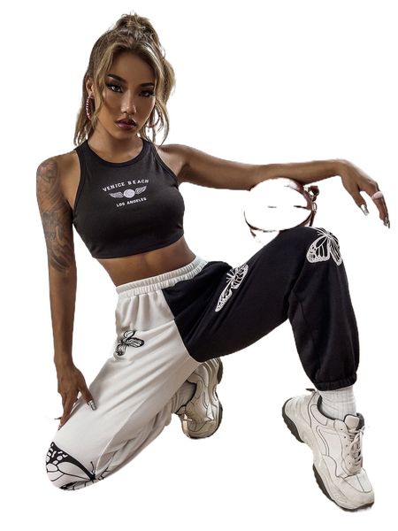 butterfly print two tone sweatpants a2fm#, Black;white 
butterfly print two tone sweatpants a2fm#, Black;white