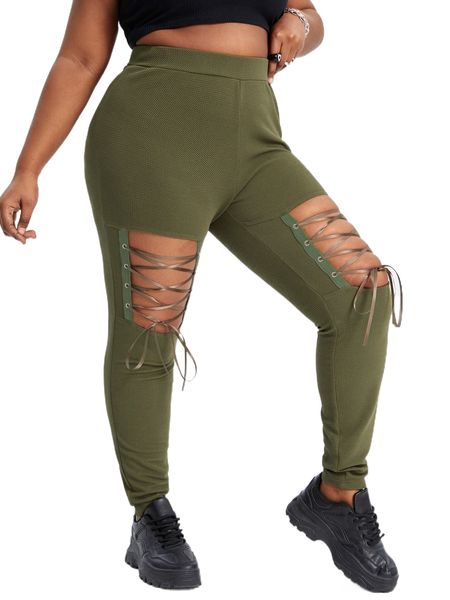 sxy plus lace up cut out tie front pants q7j4#, Black